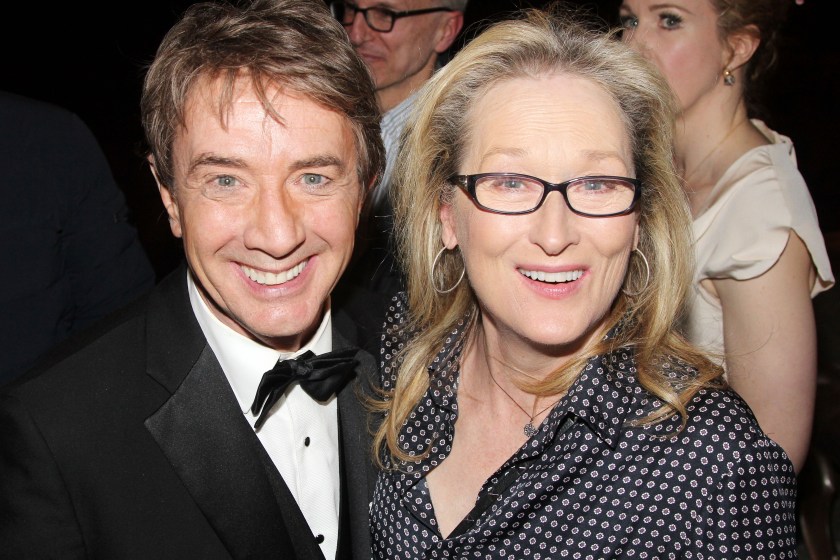 NEW YORK, NY - FEBRUARY 03: (EXCLUSIVE COVERAGE) Martin Short and Meryl Streep pose backstage at the hit play "It's Only a Play" on Broadway at The Jacobs Theater on February 3, 2015 in New York City. 