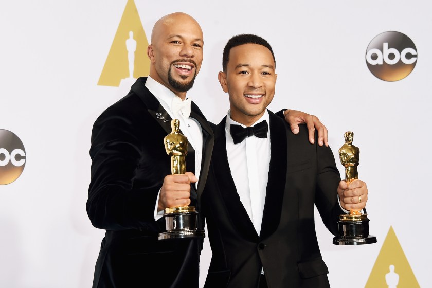HOLLYWOOD, CA - FEBRUARY 22: Lonnie Lynn aka Common (L) and John Stephens aka John Legend winners of the Best Original Song Award for 'Glory' from 'Selma' pose in the press room during the 87th Annual Academy Awards at Loews Hollywood Hotel on February 22, 2015 in Hollywood, California. 
