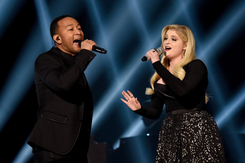 LAS VEGAS, NV - MAY 17: Recording artists John Legend (L) and Meghan Trainor perform onstage during the 2015 Billboard Music Awards at MGM Grand Garden Arena on May 17, 2015 in Las Vegas, Nevada. 