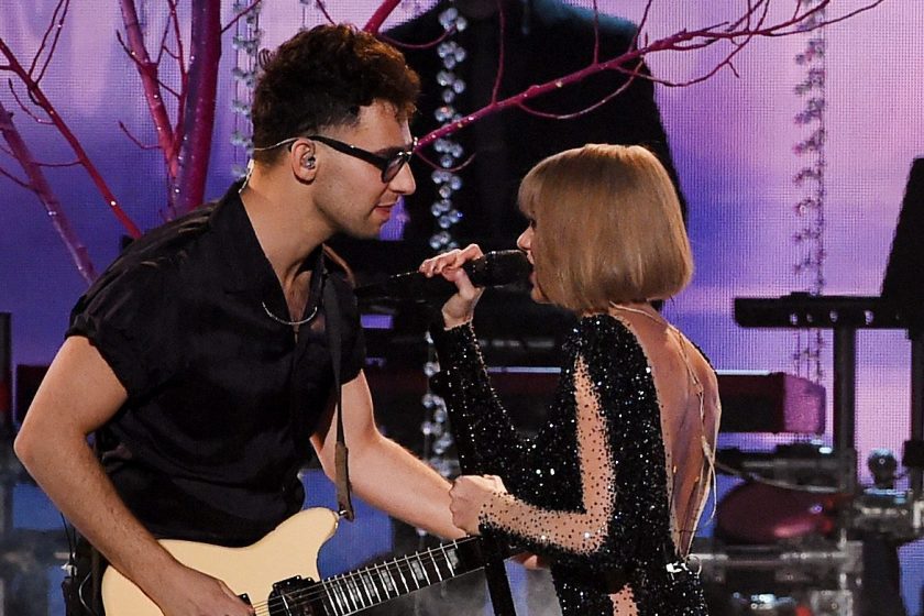 LOS ANGELES, CA - FEBRUARY 15: Recording artists Jack Antonoff (L) and Taylor Swift perform onstage during The 58th GRAMMY Awards at Staples Center on February 15, 2016 in Los Angeles, California.
