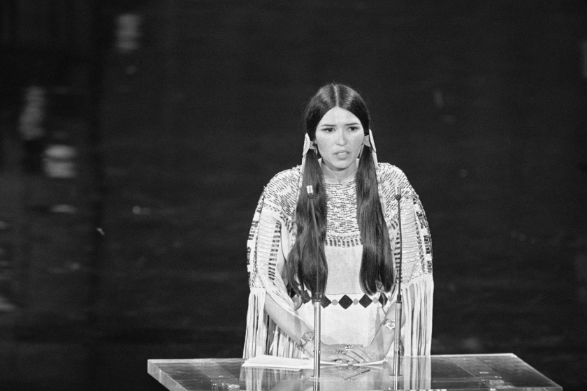 Sacheen Littlefeather (born Marie Louise Cruz, 1946 - 2022) speaks at the 45th Academy Awards. On behalf of Marlon Brando, she refused the Best Actor award he was awarded for his role in 'The Godfather'. Brando refused the award because of the treatment by the Americans of the American Indian.
