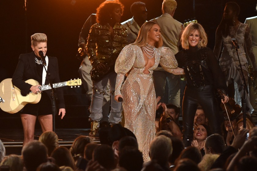 NASHVILLE, TN - NOVEMBER 02: Beyonce performs onstage with Martie Maguire of Dixie Chicks at the 50th annual CMA Awards at the Bridgestone Arena on November 2, 2016 in Nashville, Tennessee. 