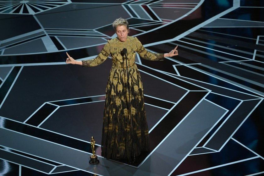 HOLLYWOOD, CA - MARCH 04: Actor Frances McDormand accepts Best Actress for 'Three Billboards Outside Ebbing, Missouri' onstage during the 90th Annual Academy Awards at the Dolby Theatre at Hollywood & Highland Center on March 4, 2018 in Hollywood, California. 
