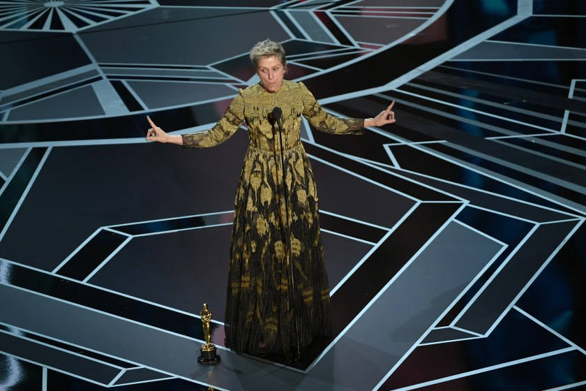 HOLLYWOOD, CA - MARCH 04: Actor Frances McDormand accepts Best Actress for 'Three Billboards Outside Ebbing, Missouri' onstage during the 90th Annual Academy Awards at the Dolby Theatre at Hollywood & Highland Center on March 4, 2018 in Hollywood, California.