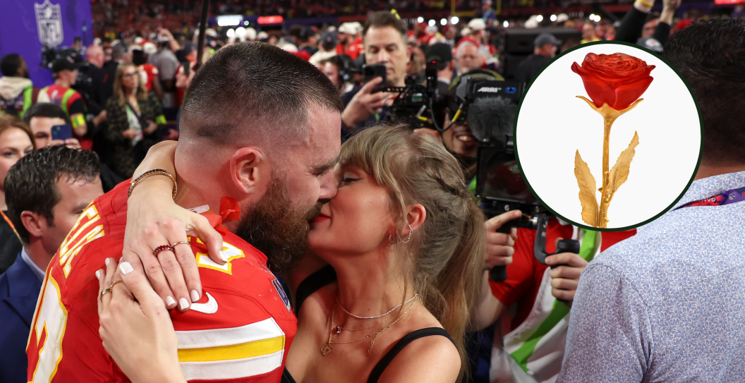 LAS VEGAS, NEVADA - FEBRUARY 11: Travis Kelce #87 of the Kansas City Chiefs kisses Taylor Swift after defeating the San Francisco 49ers 2 during Super Bowl LVIII at Allegiant Stadium on February 11, 2024 in Las Vegas, Nevada and screengrab via Saks Fifth Avenue