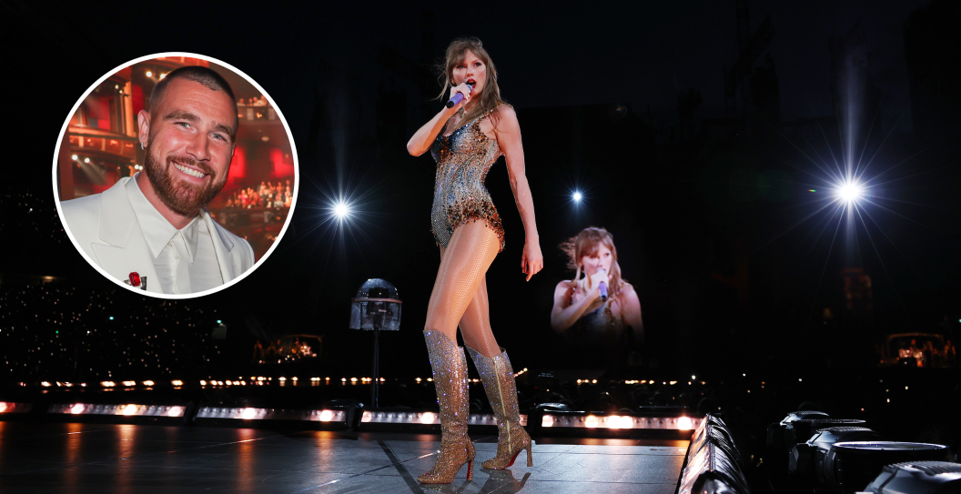 SYDNEY, AUSTRALIA - FEBRUARY 23: EDITORIAL USE ONLY. NO BOOK COVERS Taylor Swift performs at Accor Stadium on February 23, 2024 in Sydney, Australia and Travis Kelce, Heidi Gardner and Jamal Murray at The 2023 ESPYS held at Dolby Theatre on July 12, 2023 in Los Angeles, California.