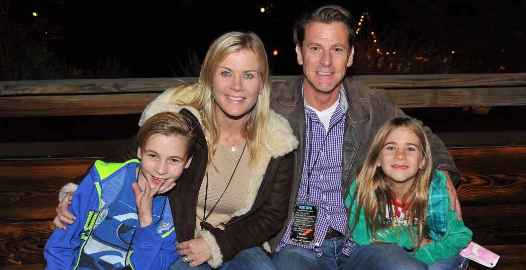 Actress Alison Sweeney, husband David Sanov and children Benjamin and Megan attend Knott's Merry Farm Countdown to Christmas & Tree Lighting at Knott's Berry Farm on December 5, 2015 in Buena Park, California.