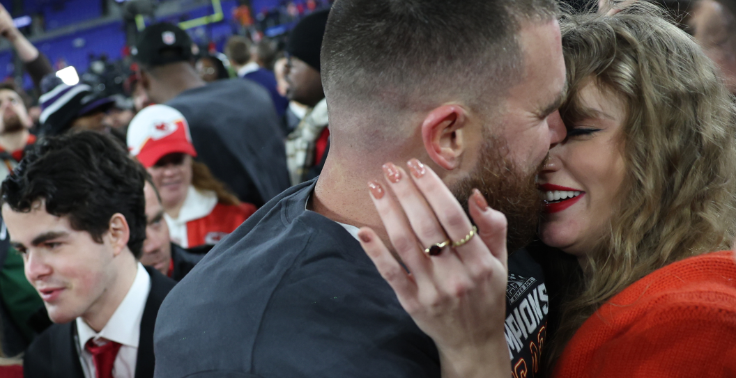 Travis Kelce #87 of the Kansas City Chiefs embraces Taylor Swift after a 17-10 victory against the Baltimore Ravens in the AFC Championship Game at M&T Bank Stadium on January 28, 2024 in Baltimore, Maryland.