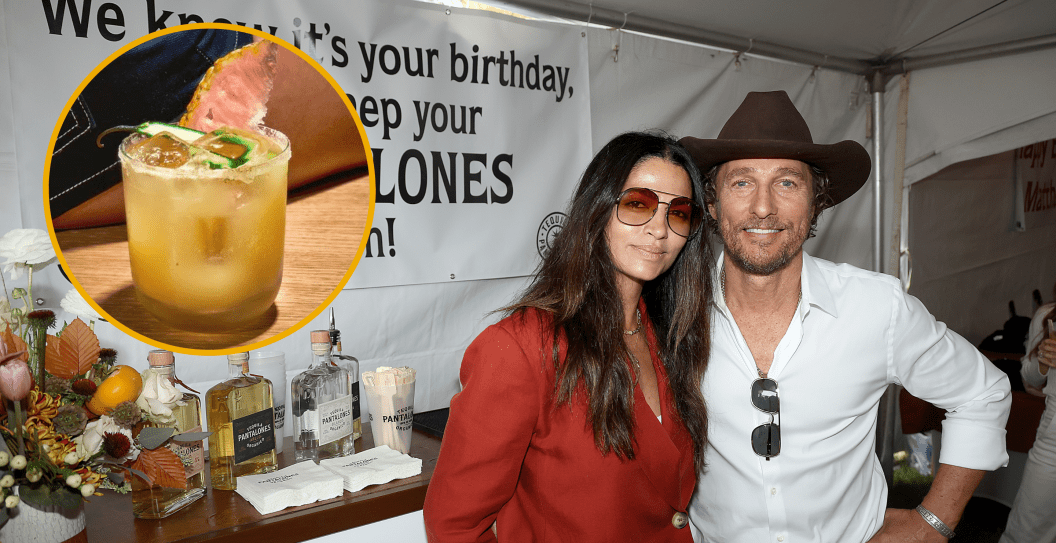 Camila McConaughey (L) and Matthew McConaughey attend a tailgate party to celebrate the launch of their new Pantalones Tequila and Matthew's 54th birthday before the Longhorns defeated Kansas State at The University of Texas at Austin on November 04, 2023 in Austin, Texas.