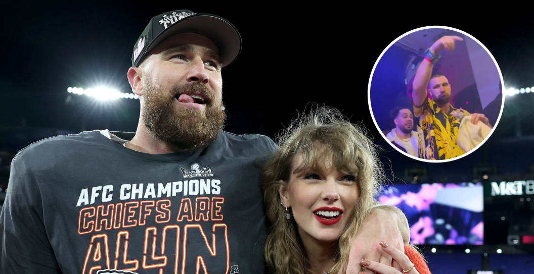 BALTIMORE, MARYLAND - JANUARY 28: Travis Kelce #87 of the Kansas City Chiefs celebrates with Taylor Swift after a 17-10 victory against the Baltimore Ravens in the AFC Championship Game at M&T Bank Stadium on January 28, 2024 in Baltimore, Maryland and screengrab via Twitter,