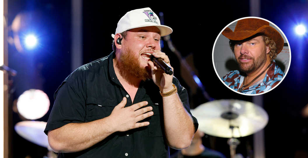 NASHVILLE, TENNESSEE - JUNE 08: Luke Combs performs on stage during day one of CMA Fest 2023 at Nissan Stadium on June 08, 2023 in Nashville, Tennessee and Toby Keith during 2005 CMT Music Awards - Backstage at Gaylord Entertainment Center in Nashville, Tennessee.