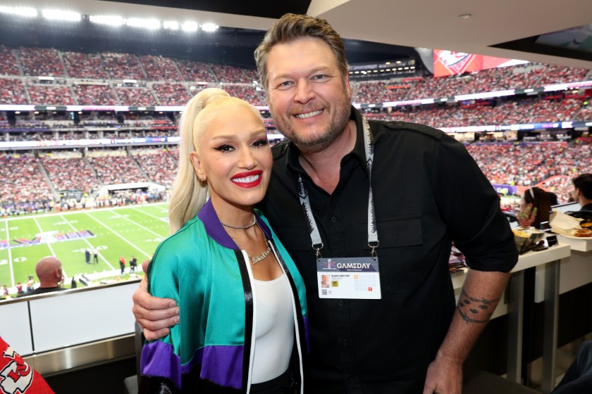 Gwen Stefani and Blake Shelton attend the Super Bowl LVIII Pregame at Allegiant Stadium on February 11, 2024 in Las Vegas, Nevada. 