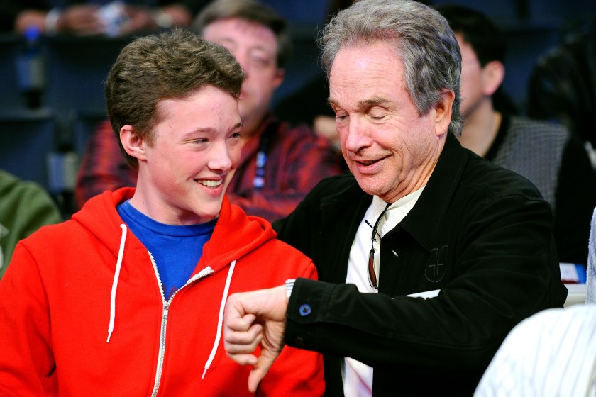 LOS ANGELES, CA - FEBRUARY 20: Actor Warren Beatty (R) and his son Benjamin talk during the 2011 NBA All-Star game at Staples Center on February 20, 2011 in Los Angeles, California.