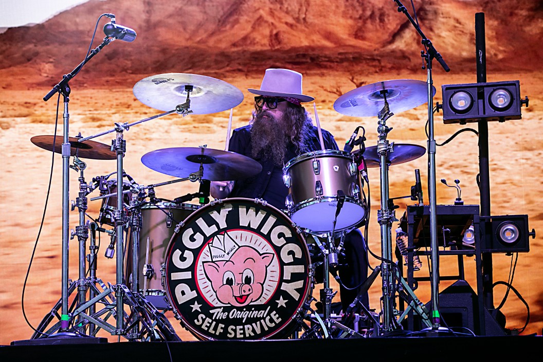CHARLOTTE, NORTH CAROLINA - AUGUST 22: Drummer Brit Turner of Blackberry Smoke performs at Charlotte Metro Credit Union Amphitheatre on August 22, 2021 in Charlotte, North Carolina.
