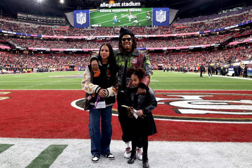 LAS VEGAS, NEVADA - FEBRUARY 11: (L-R) Blue Ivy Carter, Jay-Z and Rumi Carter attend the Super Bowl LVIII Pregame at Allegiant Stadium on February 11, 2024 in Las Vegas, Nevada.