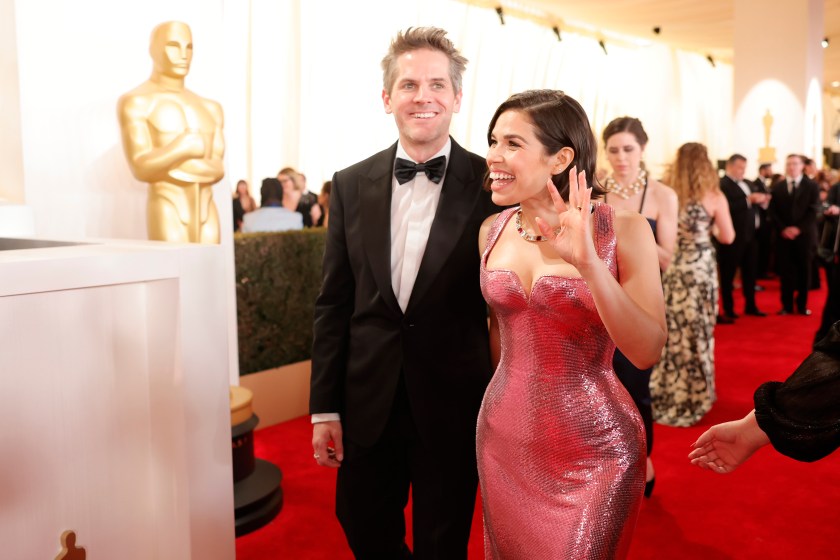 HOLLYWOOD, CALIFORNIA - MARCH 10: (L-R) Ryan Piers Williams and America Ferrera attend the 96th Annual Academy Awards on March 10, 2024 in Hollywood, California. 