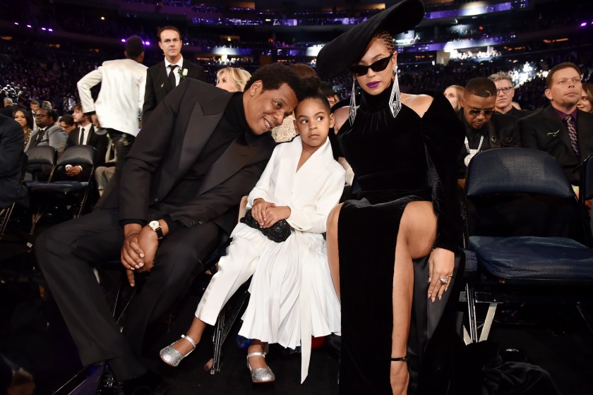NEW YORK, NY - JANUARY 28: Recording artist Jay Z, daughter Blue Ivy Carter and recording artist Beyonce attend the 60th Annual GRAMMY Awards at Madison Square Garden on January 28, 2018 in New York City. 