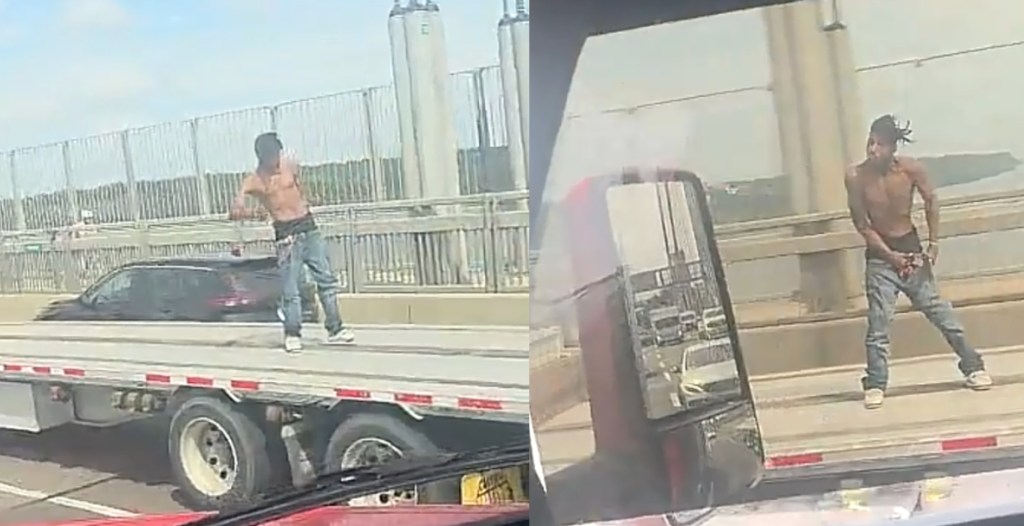 Daredevil Jumps onto Flatbed Truck as It Speeds Across Bridge-tiktok