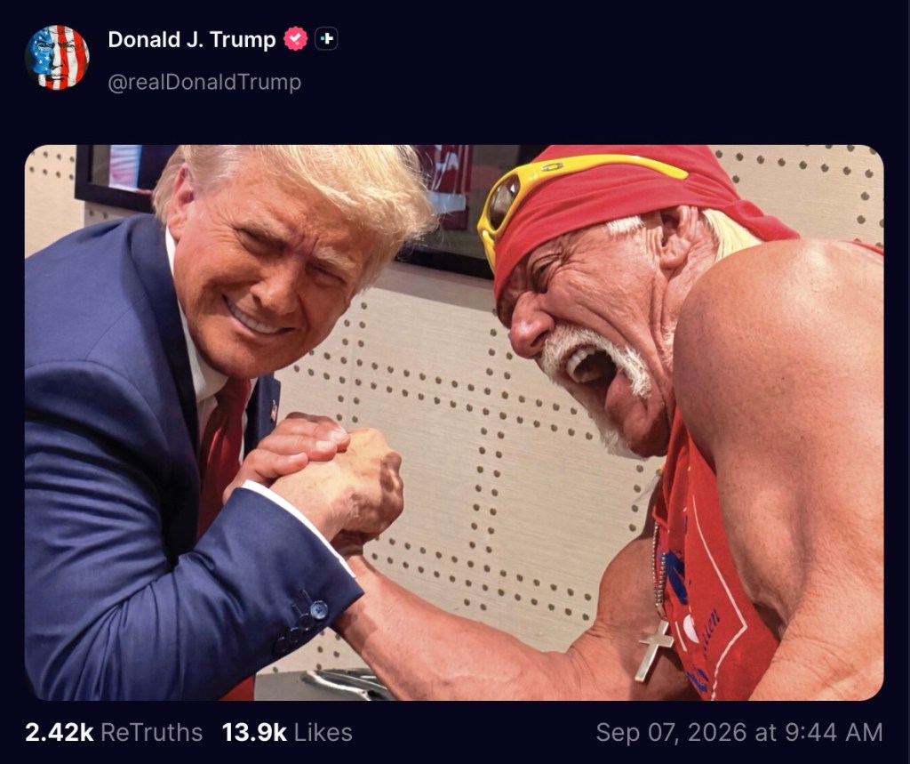 Trump Shares Bizarre AI Image of Himself Arm-Wrestling Late Supporter Hulk Hogan And Winning