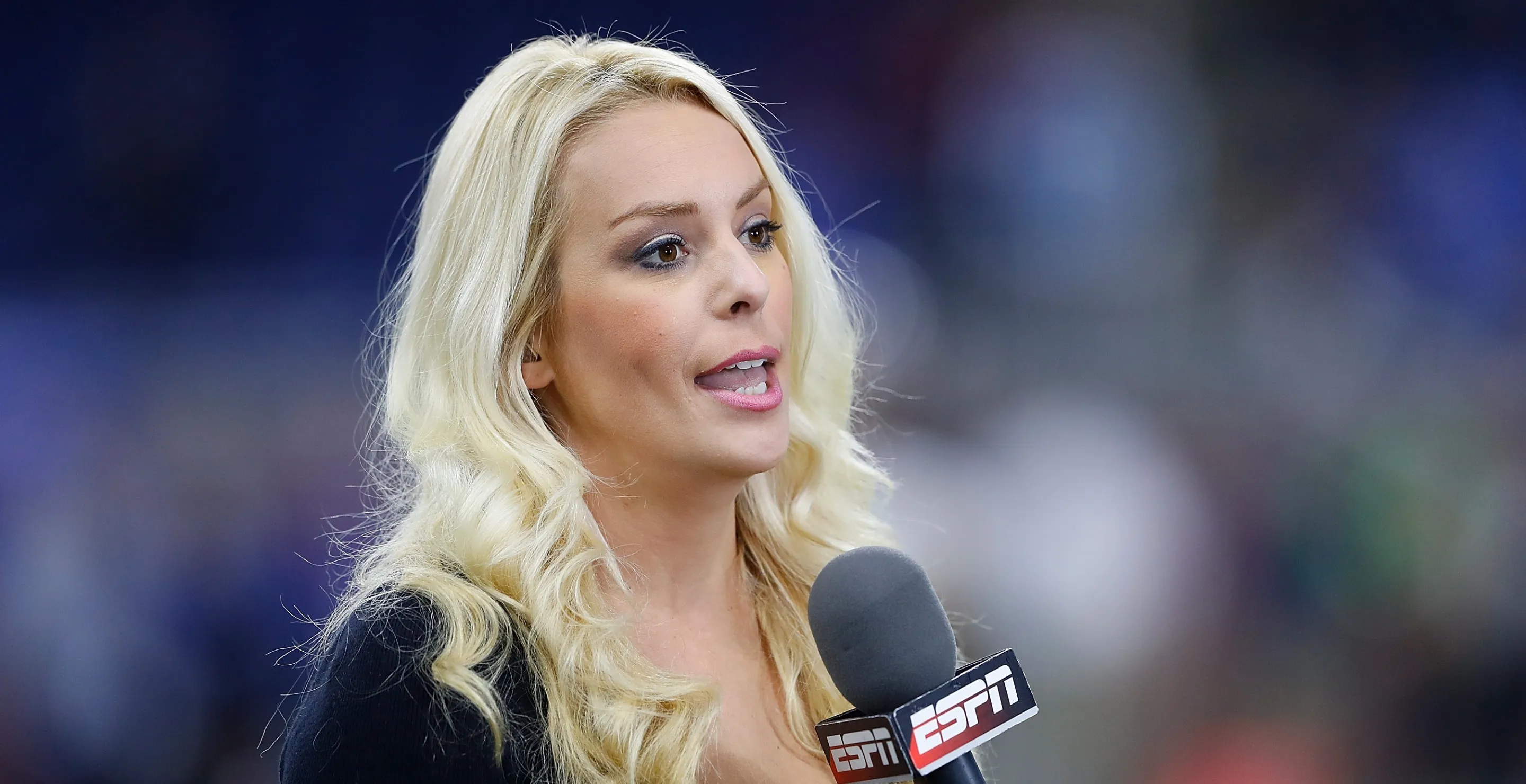 DETROIT, MI - OCTOBER 23: ESPN sideline reporter Brittany McHenry works the pregame broadcast prior to the start of the game between the Washington Redskins and the Detroit Lions at Ford Field on October 23, 2016 in Detroit, Michigan. Detroit defeated Washington 20-17. (Photo by Leon Halip/Getty Images)