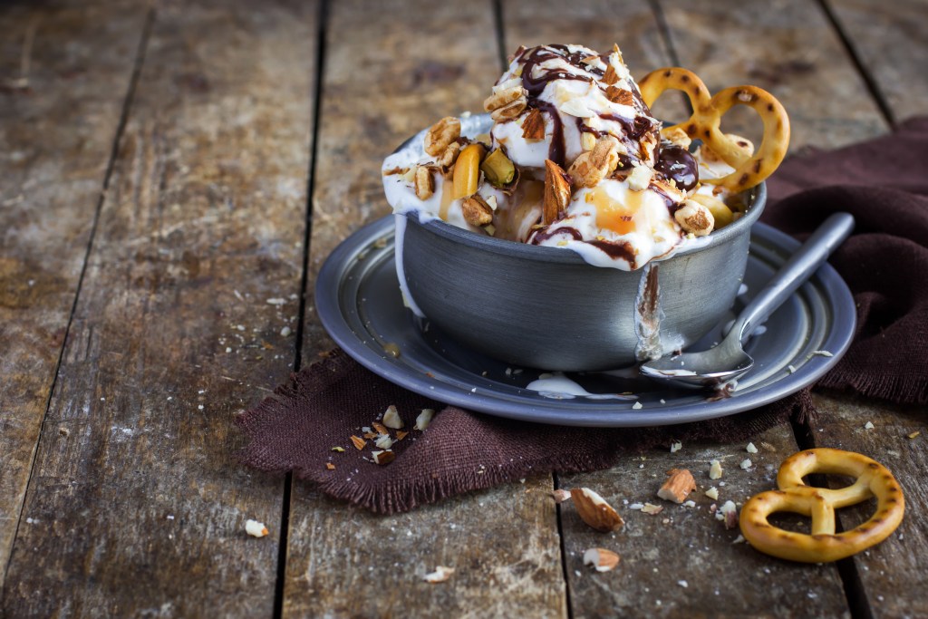 delicious homemade ice cream with salted caramel and chocolate