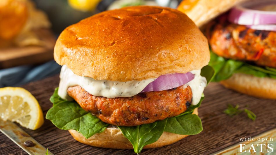 Salmon Burgers with Lemon-Caper Spread and Fennel Slaw - Dishing