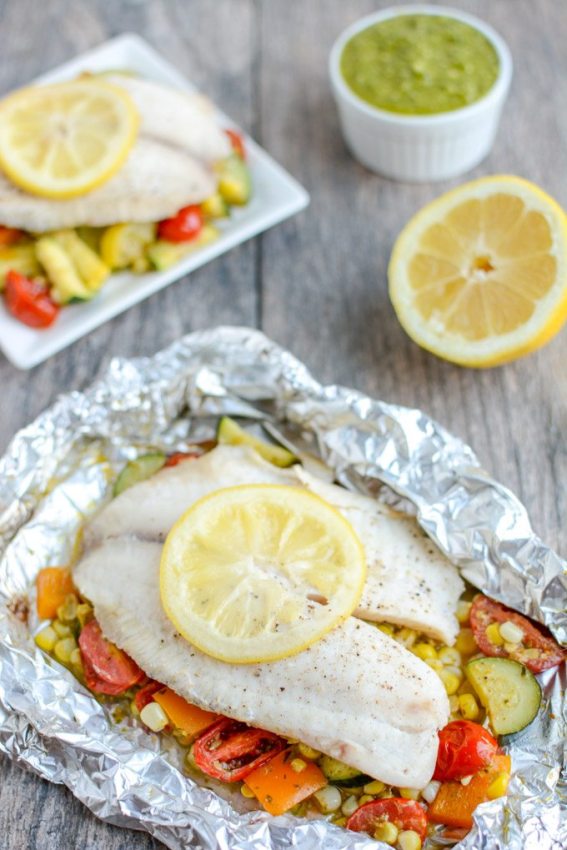 Grilled Foil Packet Tilapia with Pesto Veggies