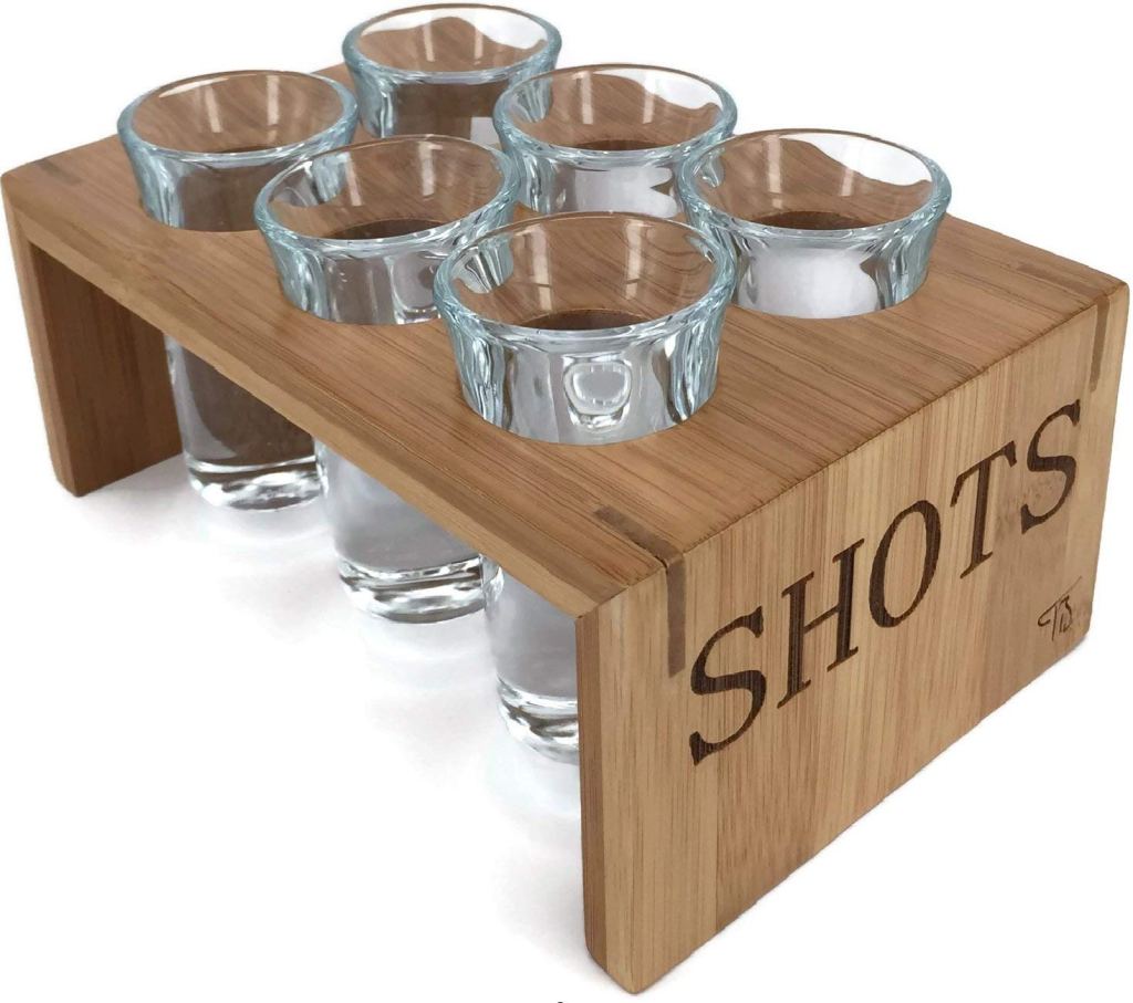 Shot Glass Set (6 Glasses) in Stylish Vintage Bamboo Shot Glass Holder