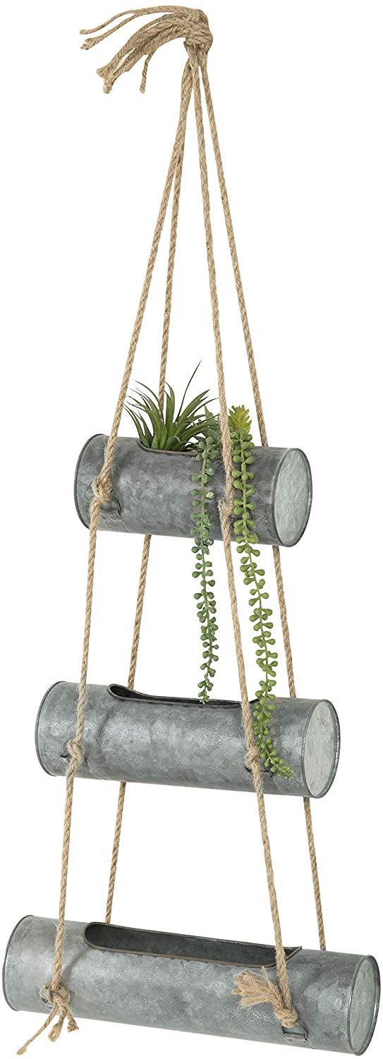 3-Tier Rustic Galvanized Metal Hanging Planter Pots with Jute Rope