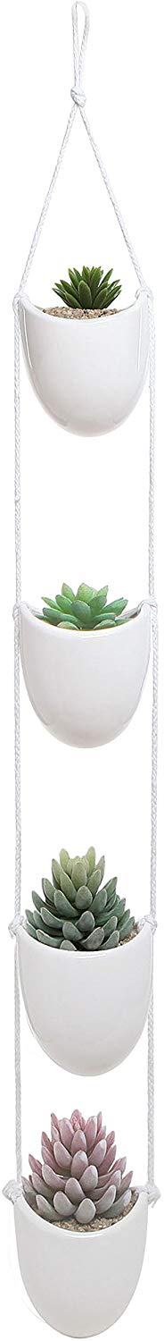 White Ceramic Rope Hanging Planter Set with 4 Flower Pots Plant Containers/Decorative Display Bowls