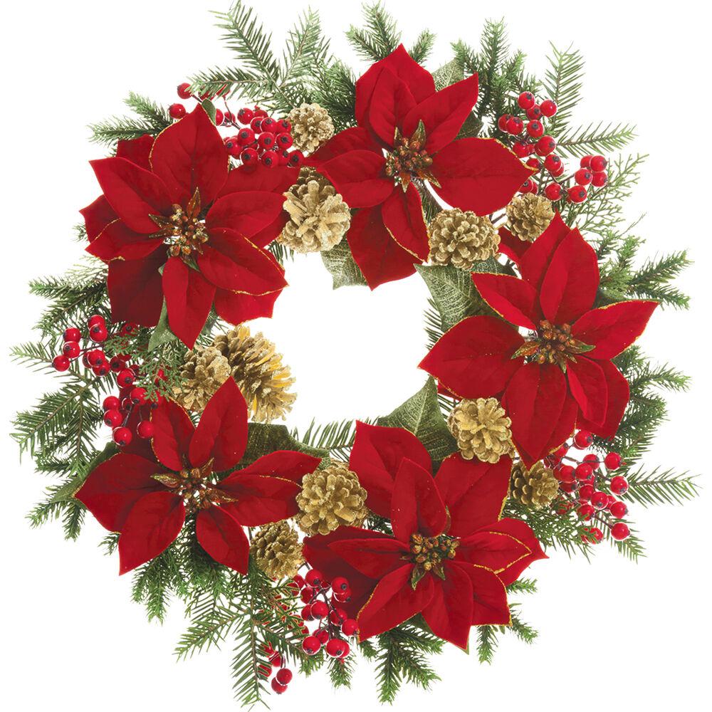 24 in. Wreath Arrangement with Poinsettia, Berries and Pine Cones