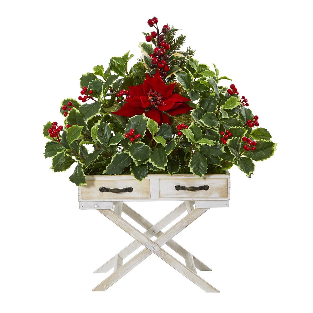 26 in. Poinsettia and Holly Berry Artificial Arrangement in Drawer Planter