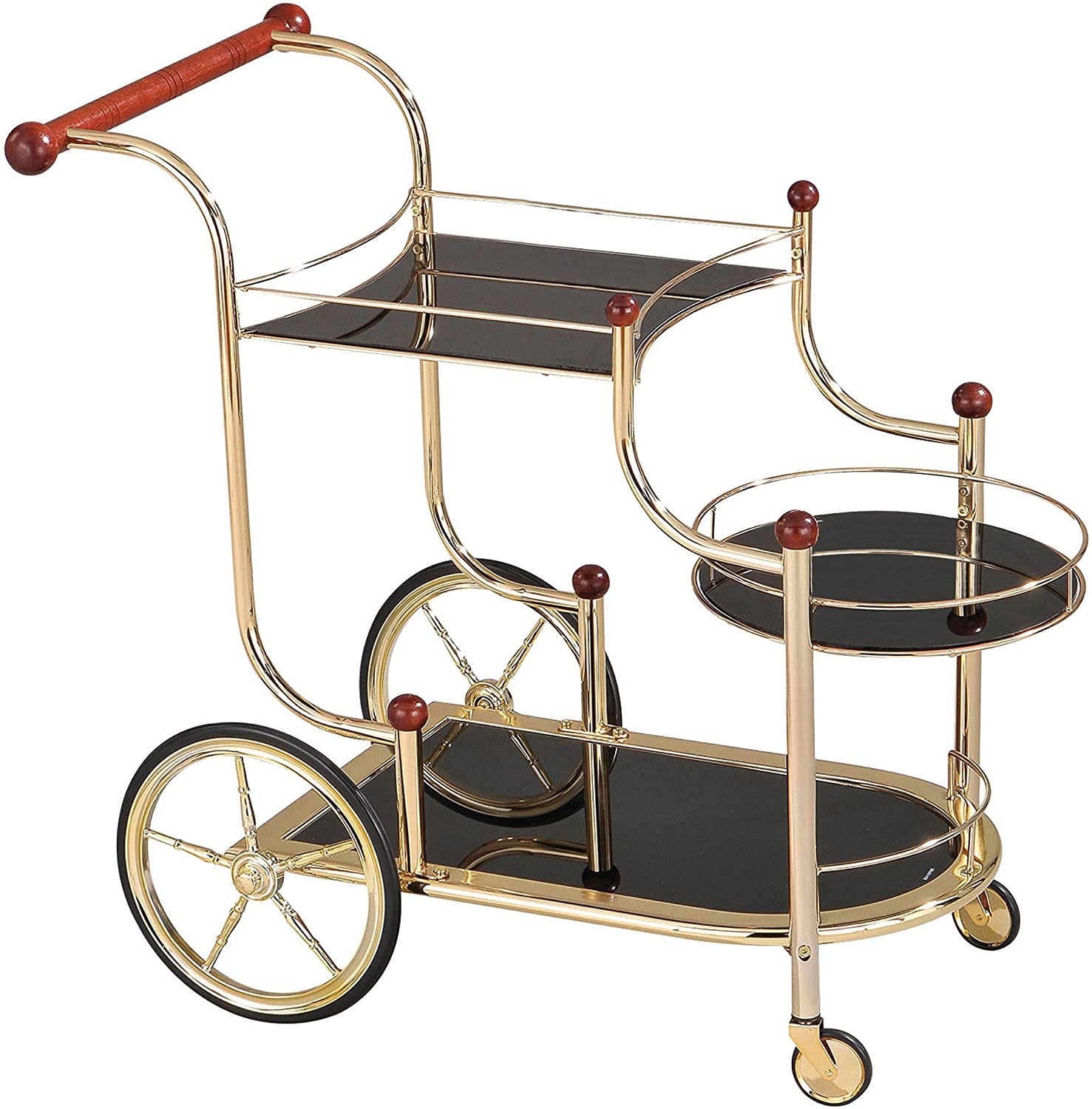 ACME Lacy Serving Cart - 98006 - Gold Plated - Cherry Wood & Black Glass