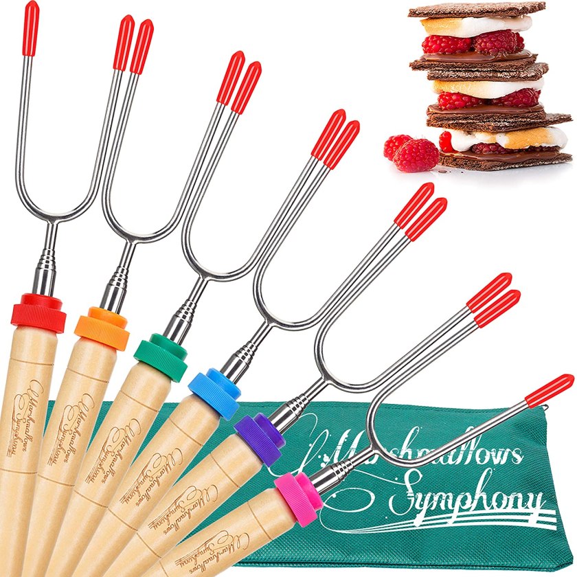 Carpathen Campfire Roasting Sticks for Marshmallow and Hot Dog - Set of 6 Telescopic Smores Skewers Extra Long Heavy Duty Forks for Fire Pit & Fireplace - Camping Grill Accessories