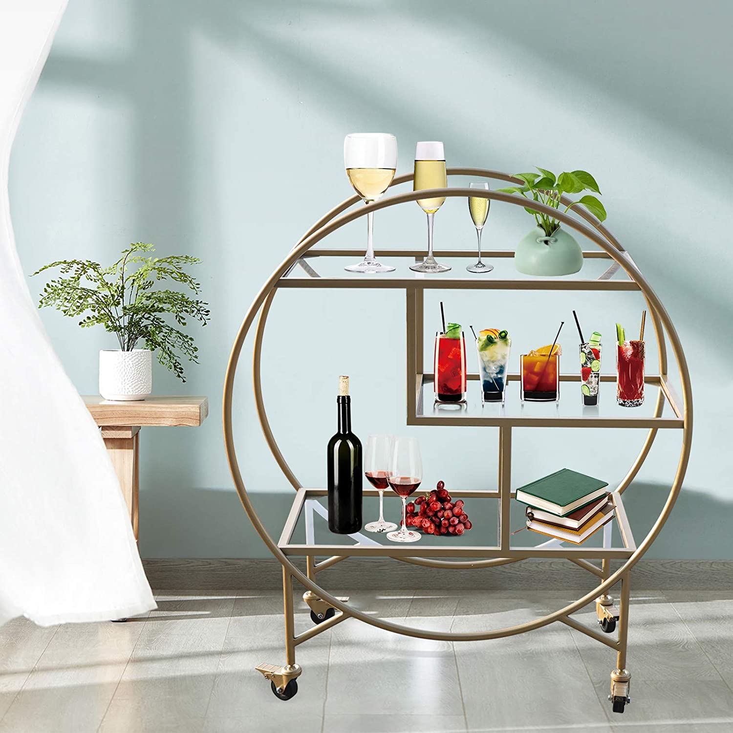 Gdrasuya10 Gold Bar Cart, 3-Tier Mobile Bar Cart, with 2 Glass Shelves and Casters, Gold, 30.31 16.54 35.4 inches, for Home Kitchen Club, Antique Gold Finish