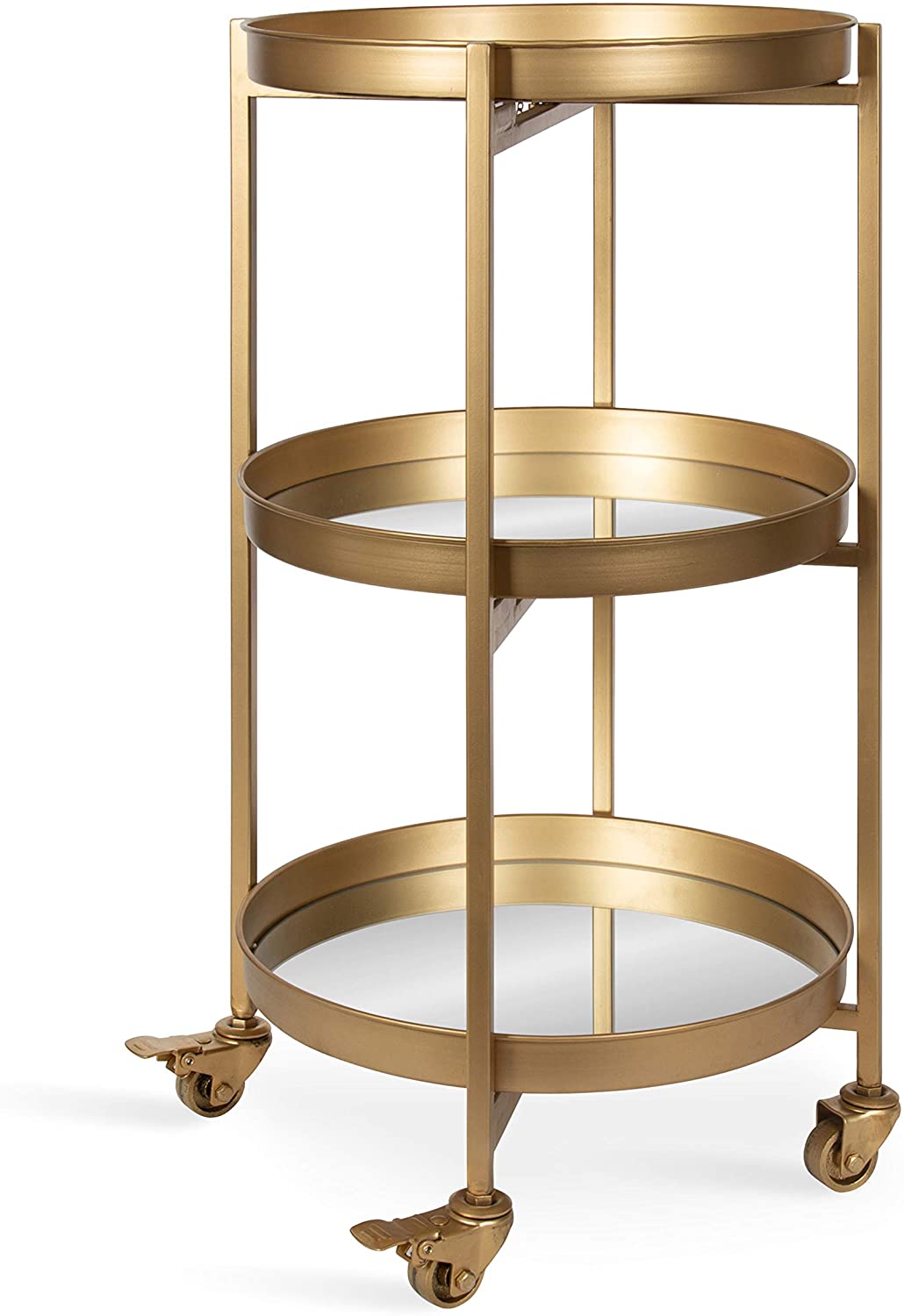 Kate and Laurel Celia Modern Glam 3-Tier Metal Bar Cart, 14 x 14 x 28, Gold, Decorative Round Serving Cart with Lockable Wheels