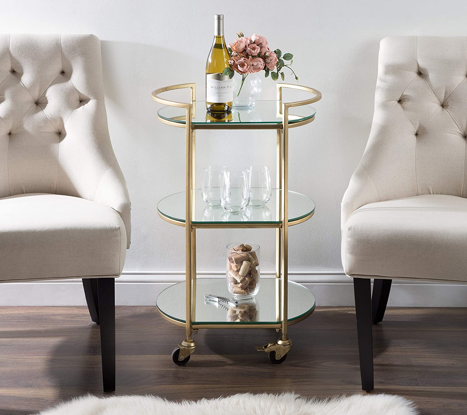 Kate and Laurel Vasseur Modern Bar Cart, 19 x 15 x 30, Gold, Glam 3-Tier Mirrored Glass Bar Cart for Serving, Storage, and Display