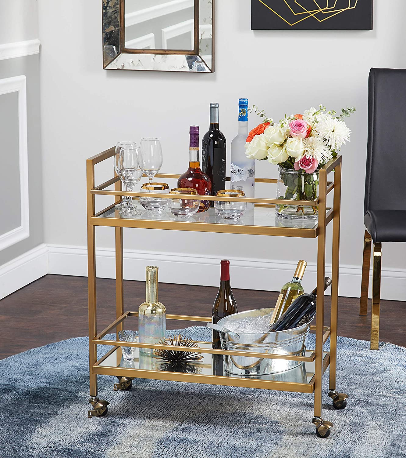 The Mezzanine Shoppe Manhattan Modern 2 Shelf Rolling Bar Cart, 29.25", Gold