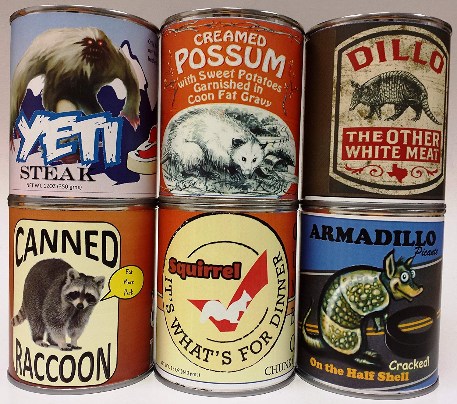 Six-Pack of Gag Canned Meat: Creamed Possum, Armadillo, Dillo, Raccoon, Yeti and Squirrel!