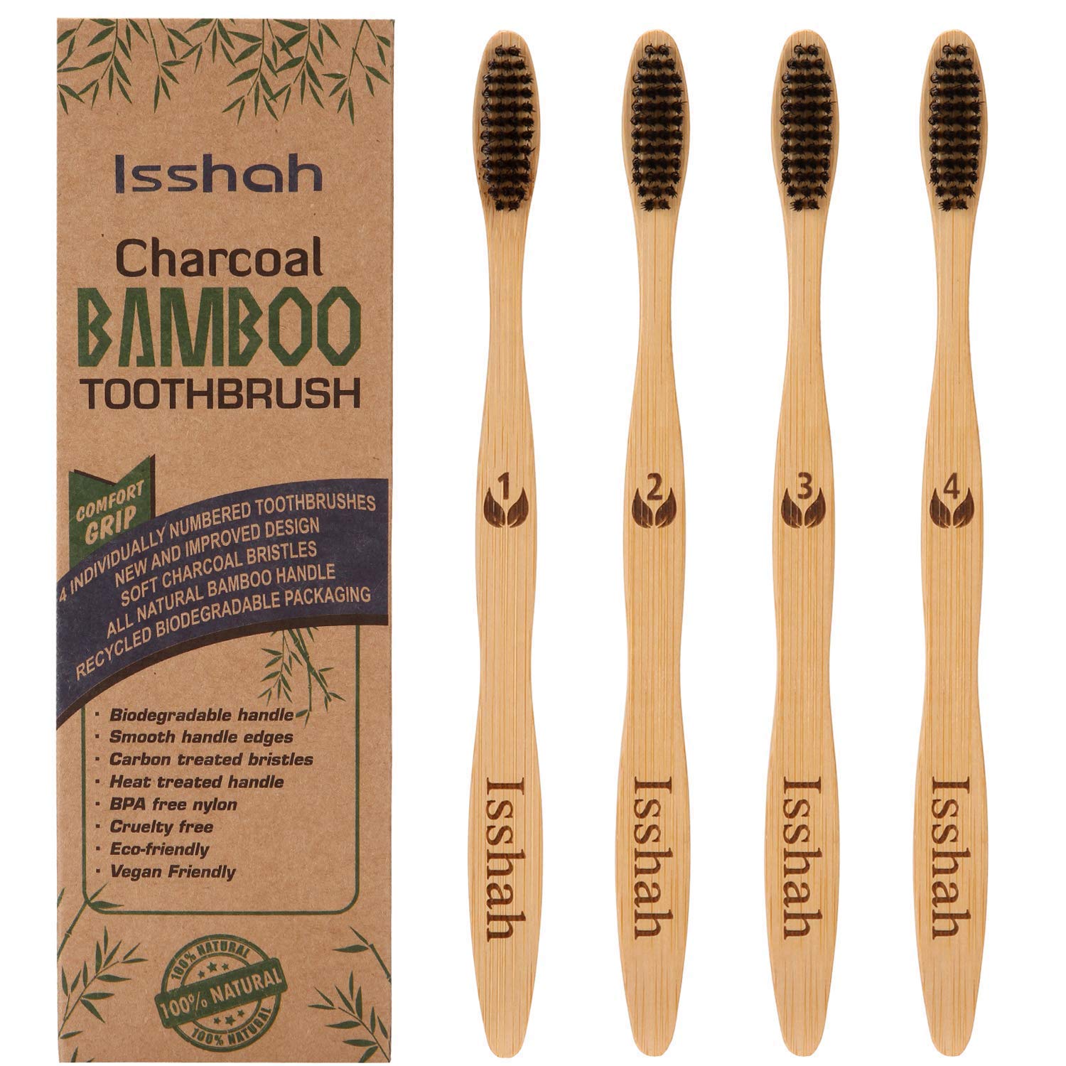Biodegradable Eco-Friendly Natural Bamboo Charcoal Toothbrush - Pack Of 4