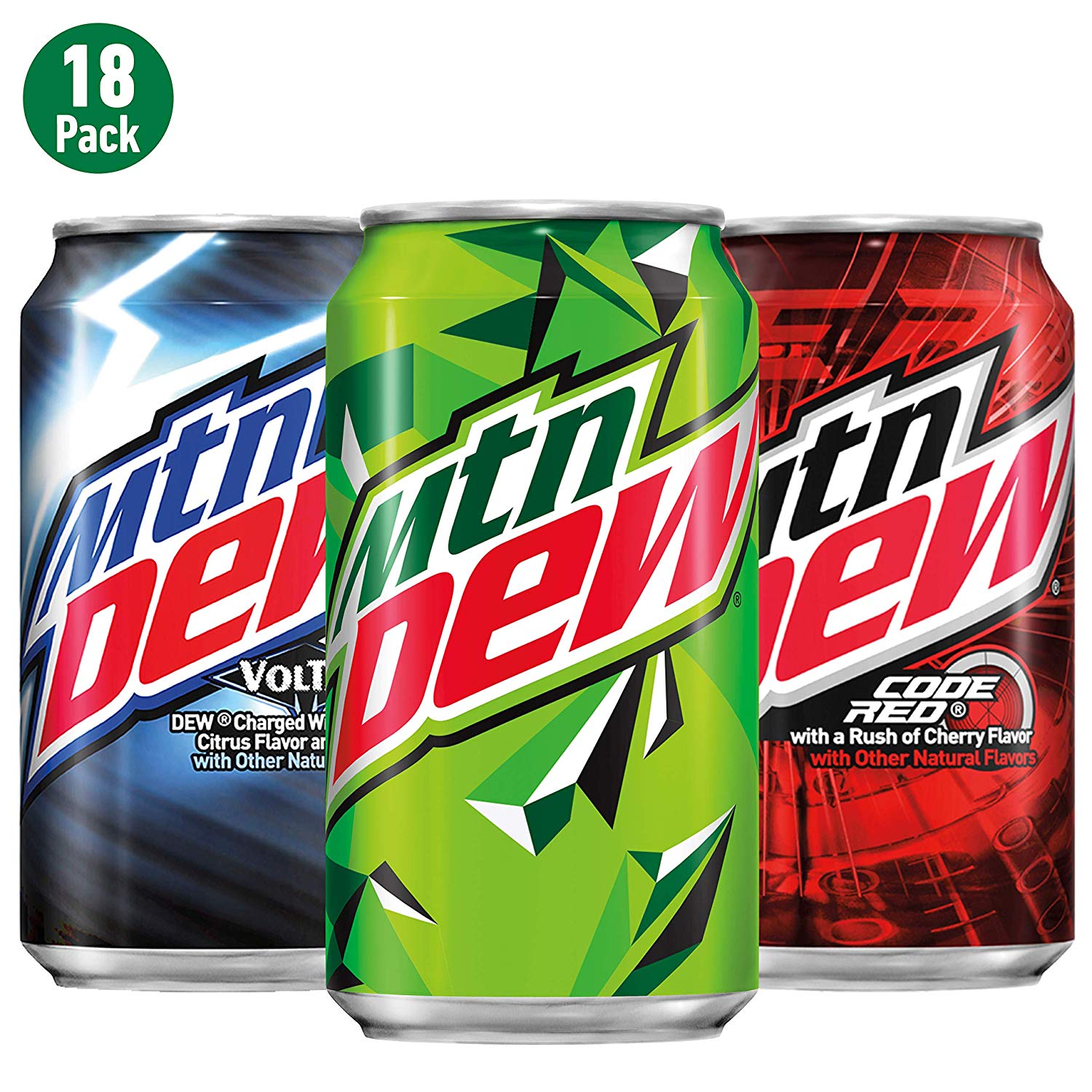 Soda Variety Pack with Mountain Dew, Dew Code Red, and Dew Voltage, 12 Fl Oz Cans, Pack of 18 (Packaging May Vary)