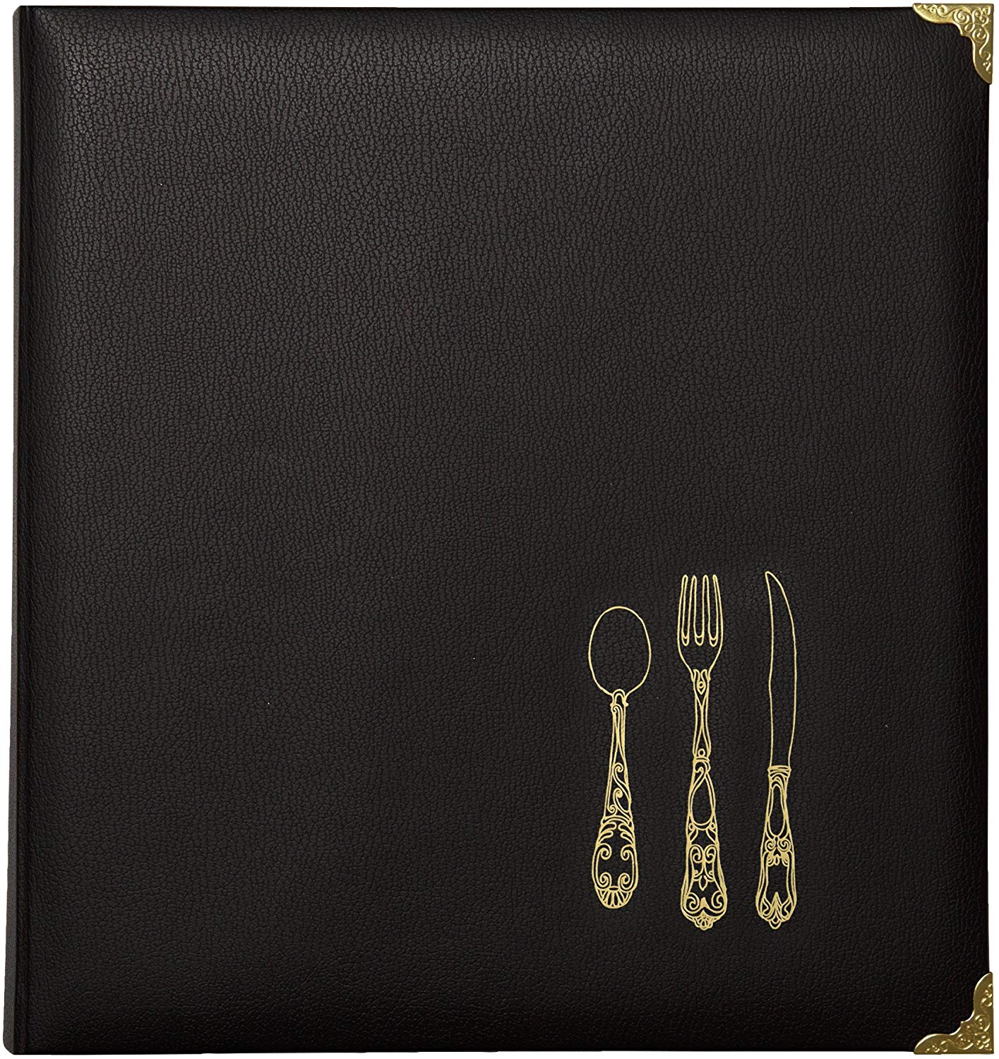 C.R. Gibson Black and Gold Faux Leather Recipe Book With Tabbed Dividers and Sheet Protectors, 11'' W x 11.88'' H