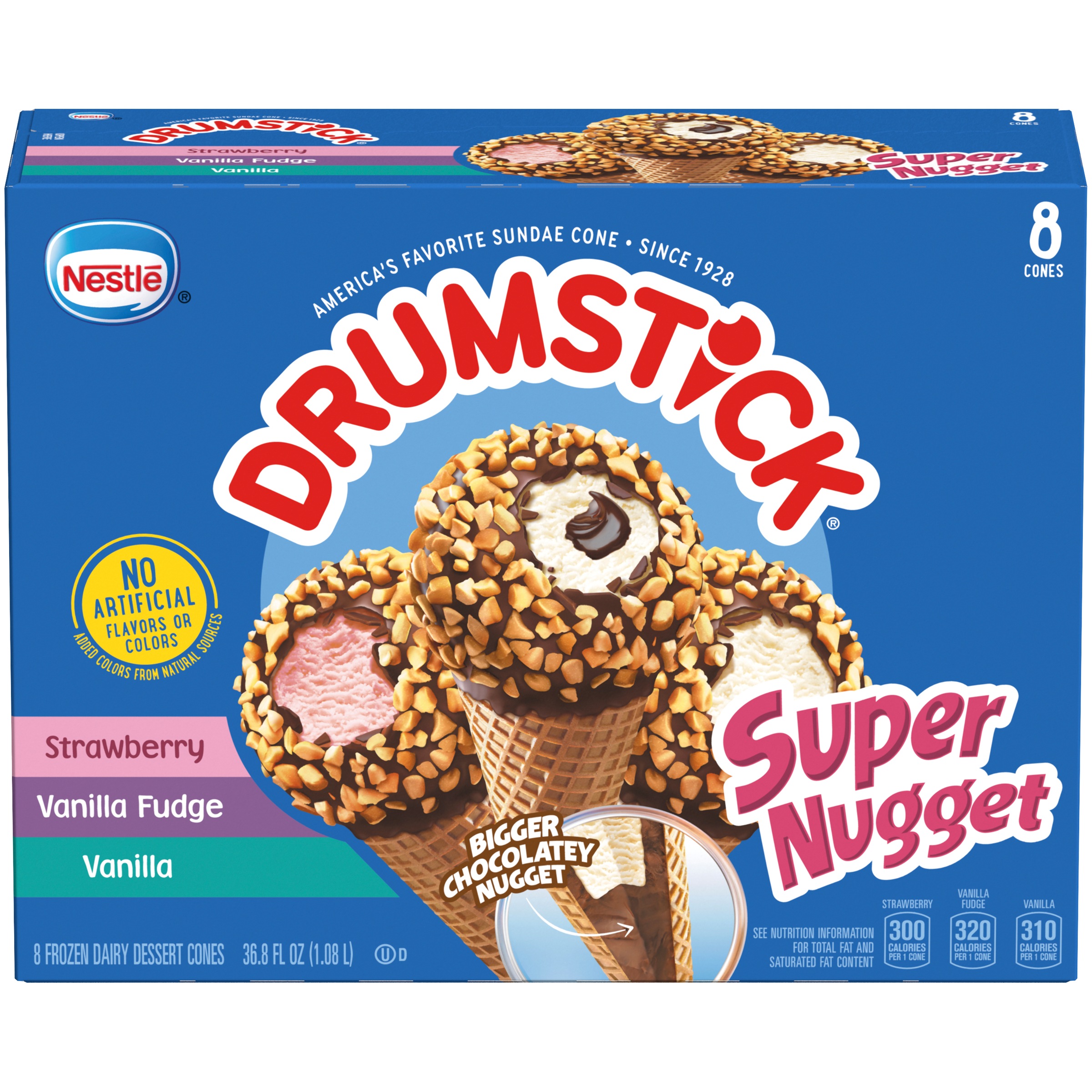 DRUMSTICK SUPER NUGGET Strawberry Vanilla Fudge & Vanilla Frozen Dairy Dessert Cones Variety Pack 8 ct Box