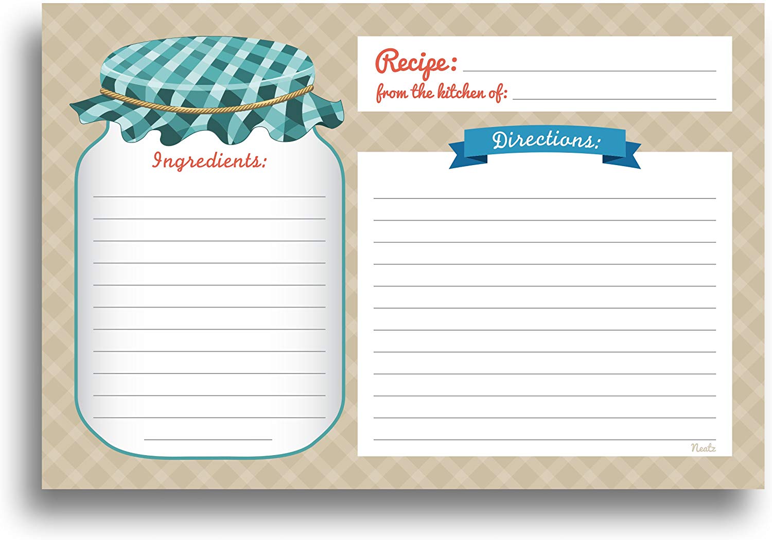 Mason Jar Recipe Cards - 50 Double Sided Cards, 4x6 inches. Thick Card Stock