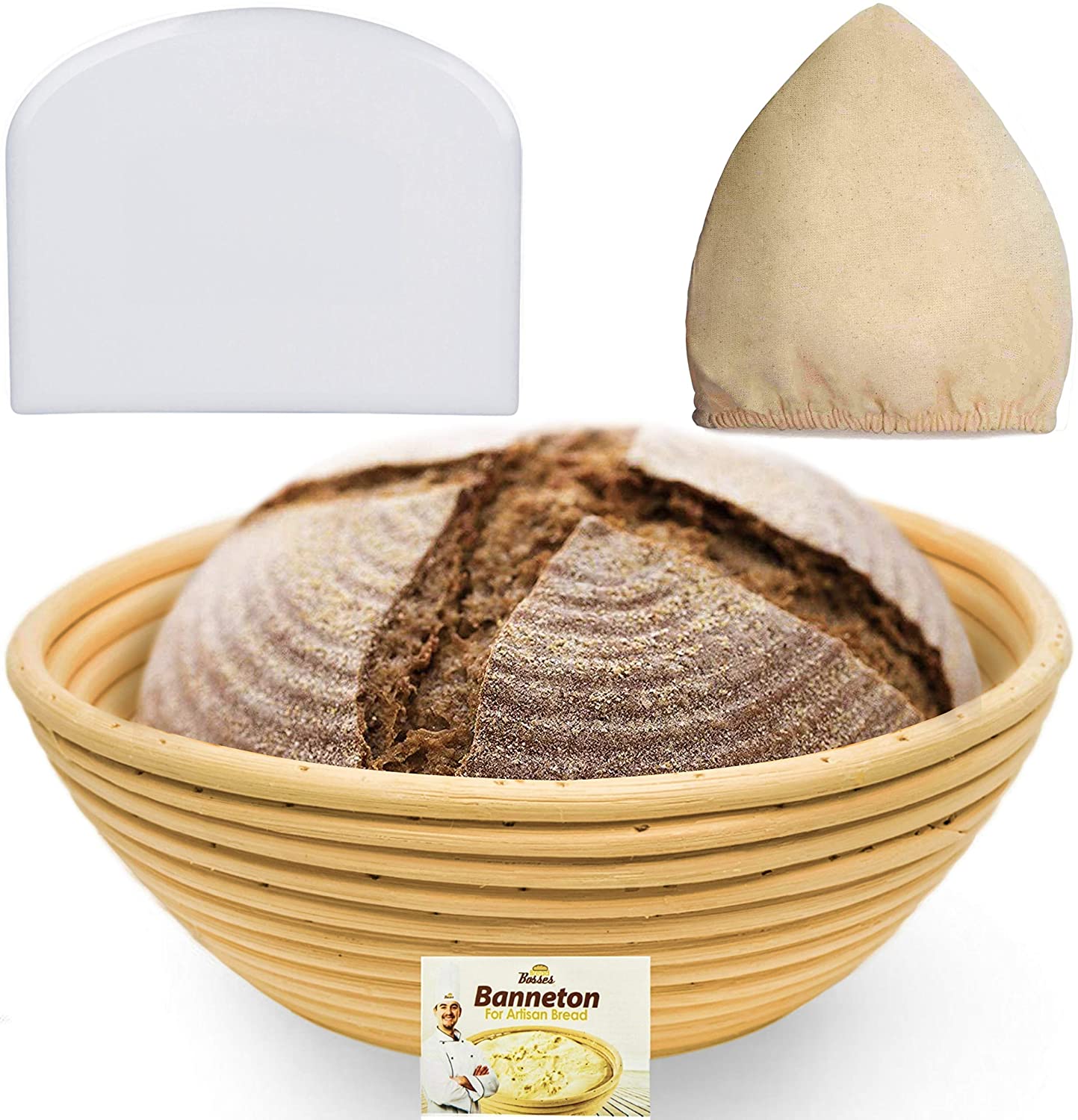 9 Inch Bread Banneton Proofing Basket - Baking Bowl Dough Gifts for Bakers Proving Baskets for Sourdough Lame Bread Slashing Scraper Tool Starter Jar Proofing Box