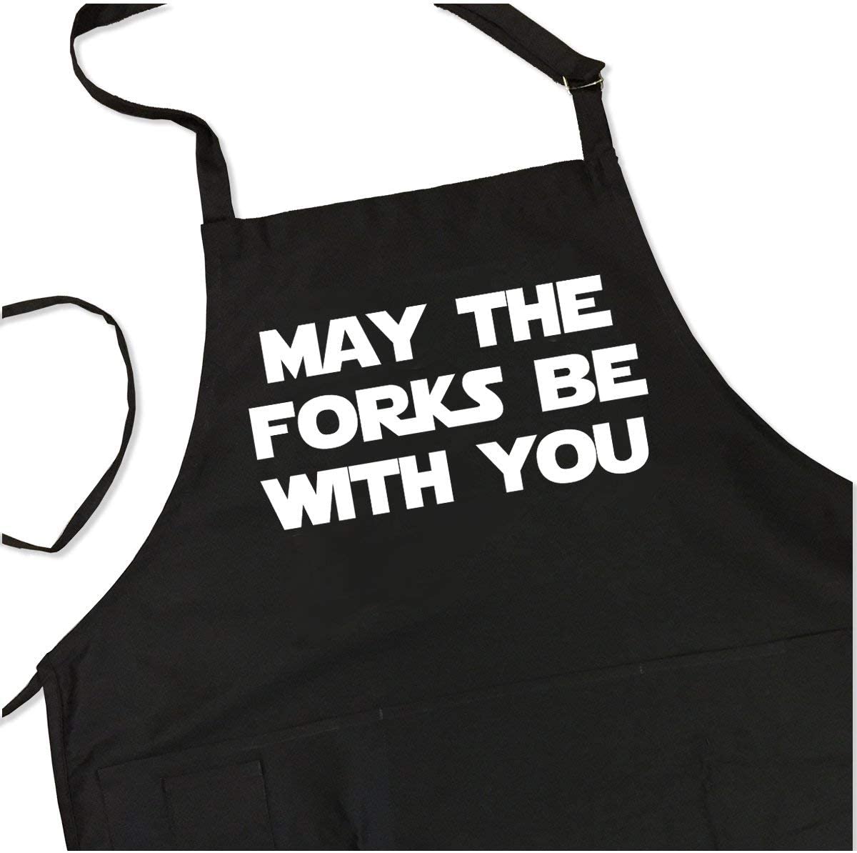 Funny Apron - May the Forks Be With You - Themed Apron For Dad - 1 Size Fits All Chef Apron Poly/Cotton 4 Utility Pockets, Adjustable Neck and Extra Long Waist Ties