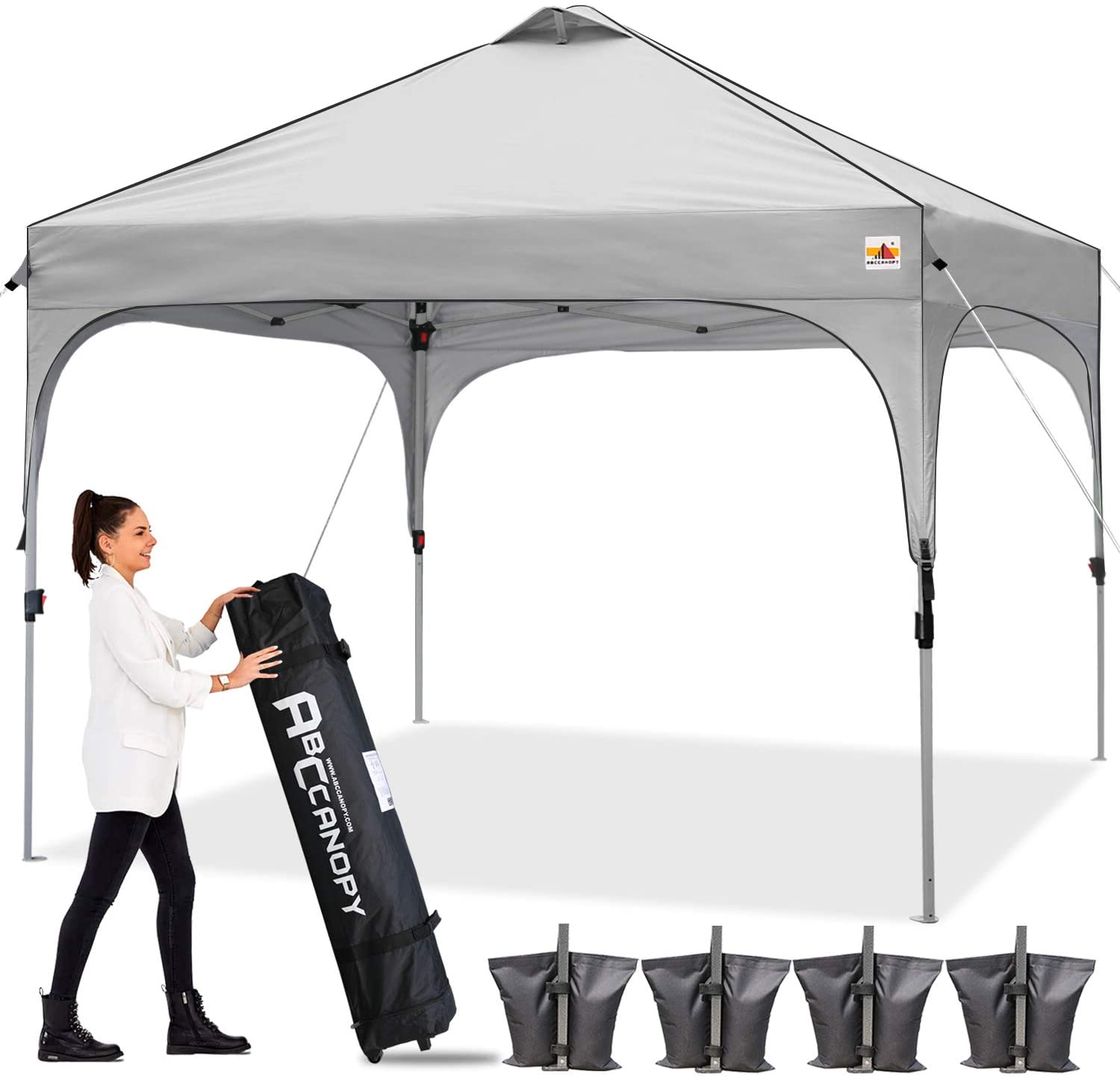 ABCCANOPY Canopy Tent 10x10 Pop Up Canopy Outdoor Canopies Super Comapct Canopy Portable Tent Popup Beach Canopy Shade Canopy Tent with Wheeled Carry Bag Bonus 4xWeight Bags,4xRopes&4xStakes, Gray