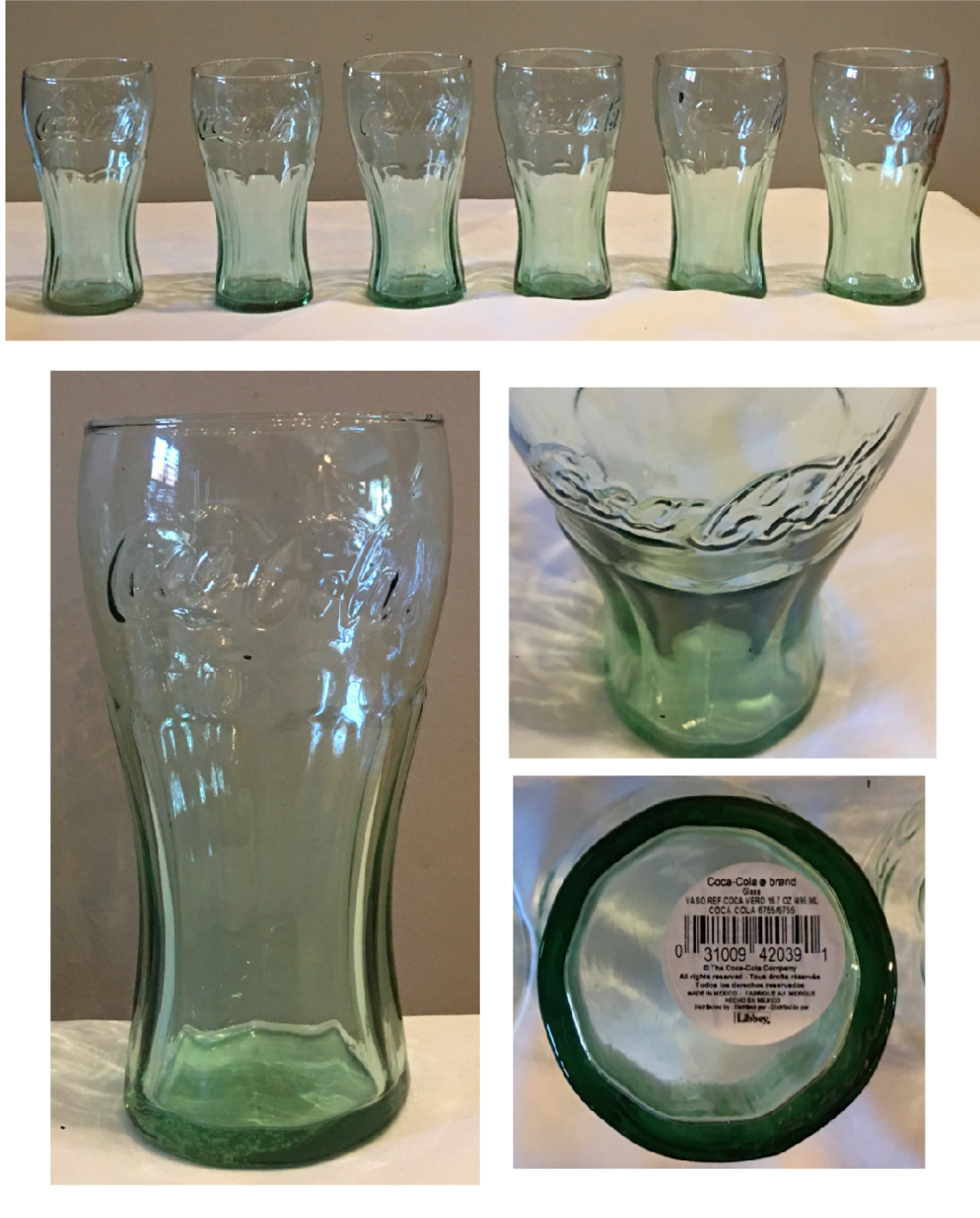 Libbey Coca Cola Coke 16 oz Drinking Glasses Set of 6 Green Tint Embossed NEW