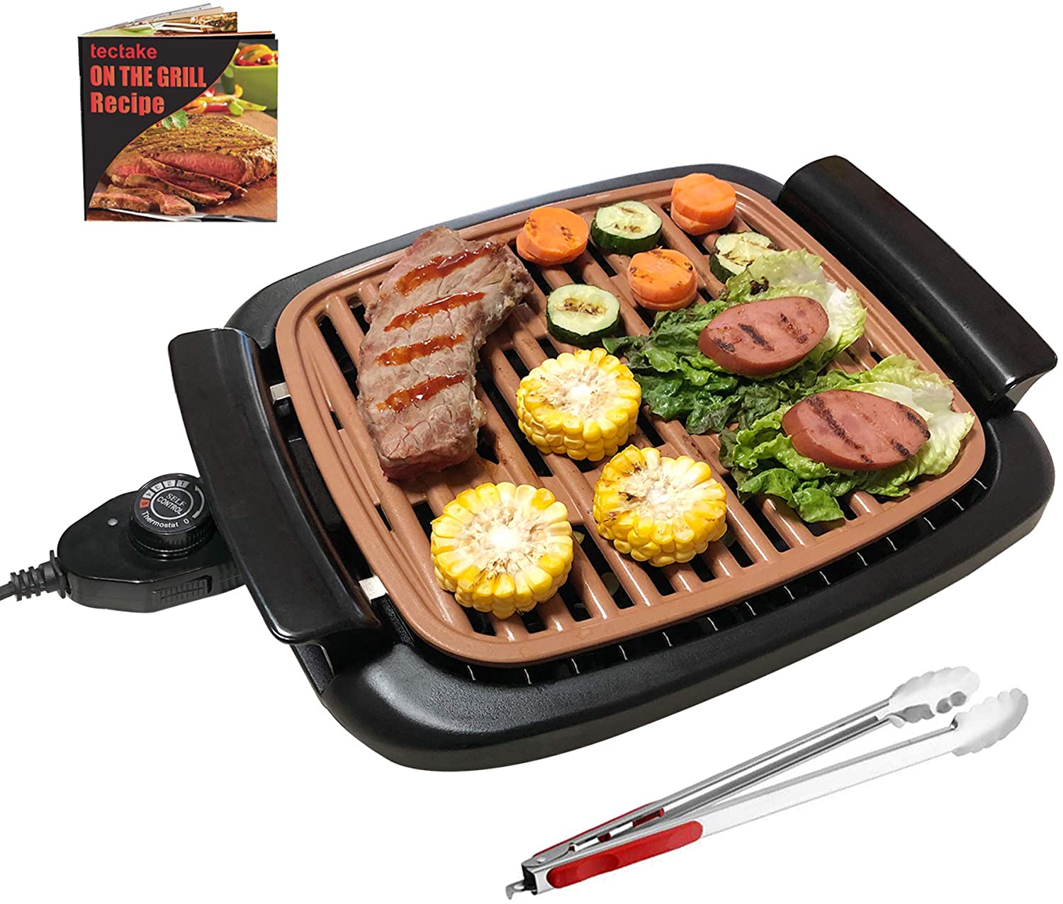 Nonstick Electric Indoor Smokeless Grill - Portable BBQ Grills with Recipes, Fast Heating, Adjustable Thermostat, Easy to Clean, 16" x 11" Tabletop Square Griddle with Oil Drip Pan