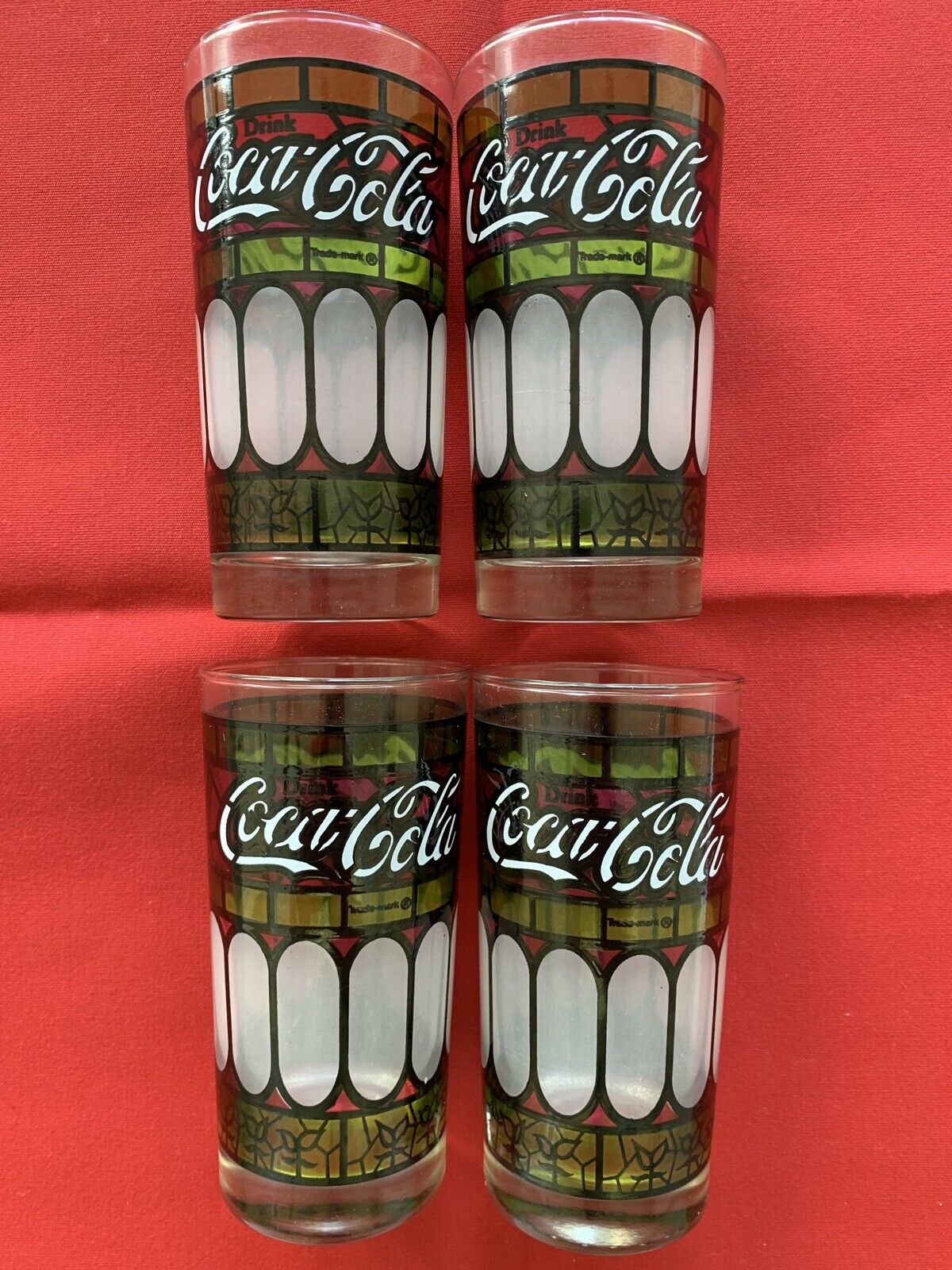 Vintage 1970s Coca Cola Frosted Stained Glass Tiffany Style Red & Green Glasses